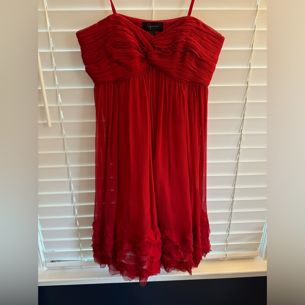 Strapless red chiffon aqua dress Bloomingdales